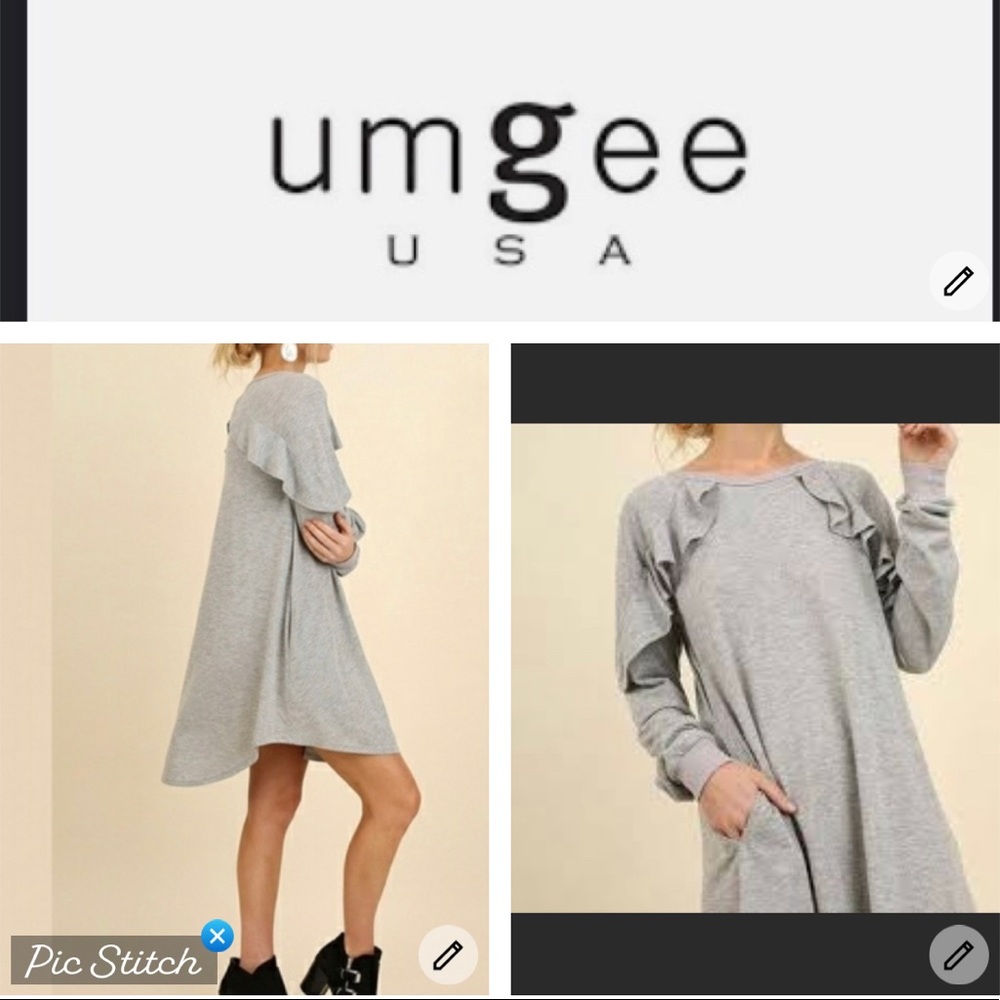 Umgee gray along sleeve ruffle sleeve tunic dress like new size small
